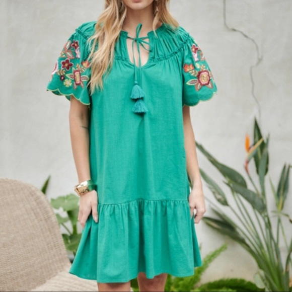 Bright Green Floral Embroidered Short Sleeve Tassel Tie Neck Flare Pocket Dress - Picture 17 of 17